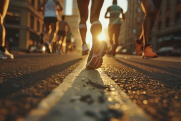 Fototapeta premium Runners in a city street race on a paved road as the sun sets in the background