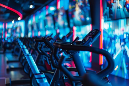 A close-up view of a high-tech indoor cycling studio, featuring rows of stationary bikes equipped with digital screens and illuminated by colorful lights