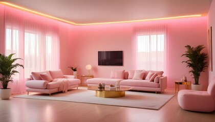 A futuristic living room with unique furniture arrangements, colorful LED lighting, and gradient walls, photographed in high resolution.