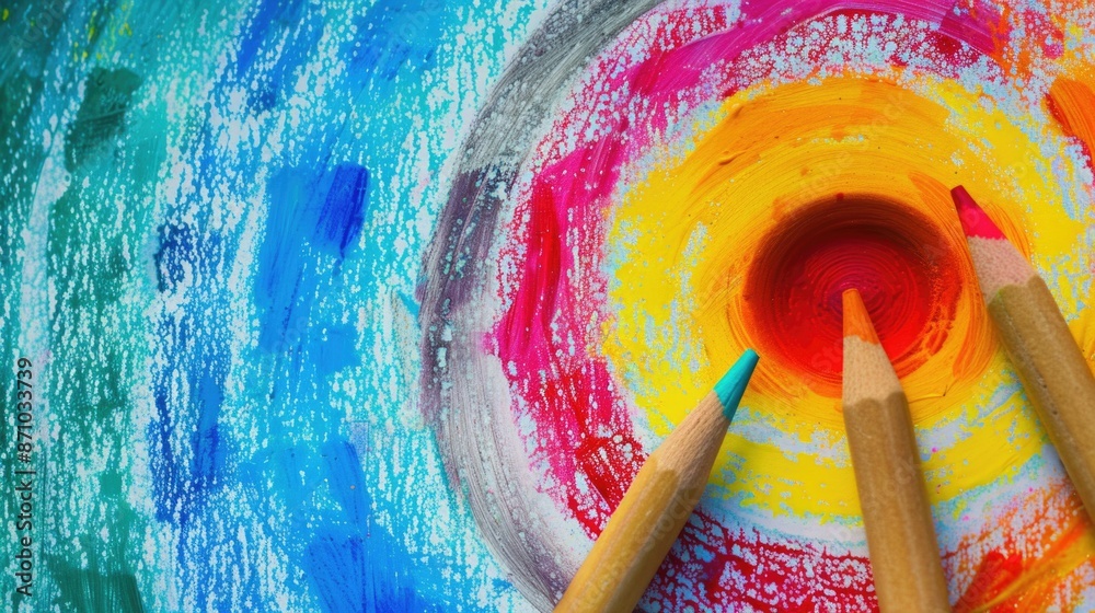 Poster two colored pencils sit on top of a canvas with unfinished painting, suitable for illustrations or a