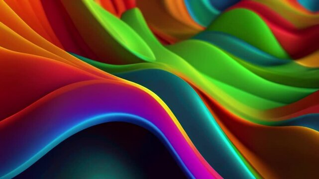 Colorful wavy background in bright blue, orange, green and red color. Halographic gradient. Multicolor metallic surface. Modern colorful wallpaper. Seamless loop animation. 3d rendering