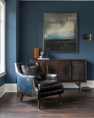 Contemporary Living Room with Blue Wall and Leather Armchair