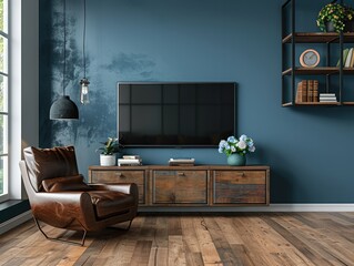 Contemporary Living Room with Blue Wall and Leather Armchair