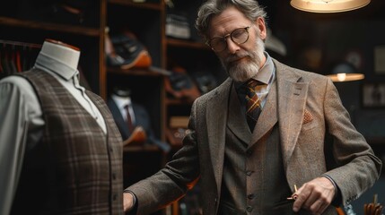 An experienced tailor is seen in his workshop, attentively examining a beautifully crafted vest displayed on a mannequin amidst various tailoring tools and accessories.