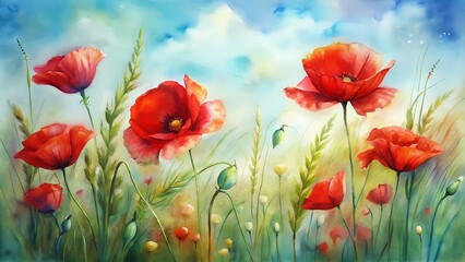 Obraz premium Vibrant red poppy flowers with delicate, papery petals and golden centers bloom in a lush green meadow, surrounded by gentle, swaying grasses under a blue sky.