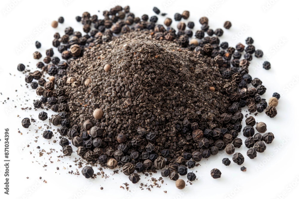 Aufkleber a close-up view of black pepper seeds arranged on a white surface, ideal for use in culinary or food