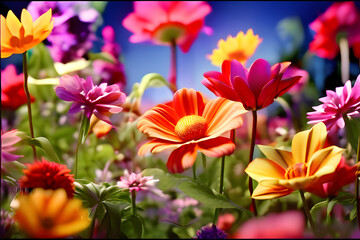 In a dazzling 3D world, a kaleidoscope of flowers explodes in the foreground. Petals shimmer with vibrant hues, and pollen dances in the virtual breeze, a captivating display of nature's digital artis