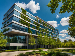 A sleek glass skyscraper with mirrored windows dominates the urban skyline