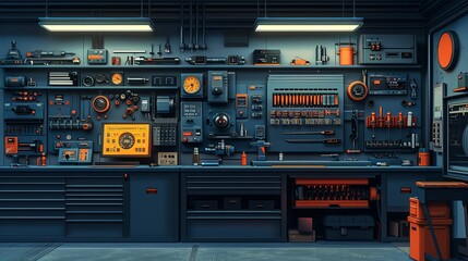 Detailed vector illustration of industrial engineering tools in a workshop setting, focusing on precision and technical expertise. , Minimalism,