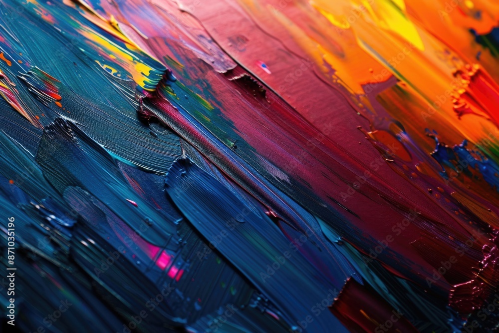 Poster a close-up view of a vibrant and colorful painting on a canvas