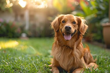 Obraz premium Pets Focus on a playful dog in a backyard with a home background, soft daylight, empty space center for text