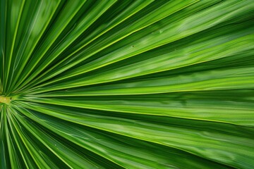 Close-up shot of a green palm leaf with intricate details