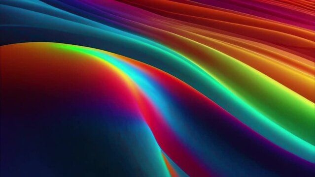 Colorful wavy background in bright blue, orange, green and red color. Halographic gradient. Multicolor metallic surface. Modern colorful wallpaper. Seamless loop animation. 3d rendering