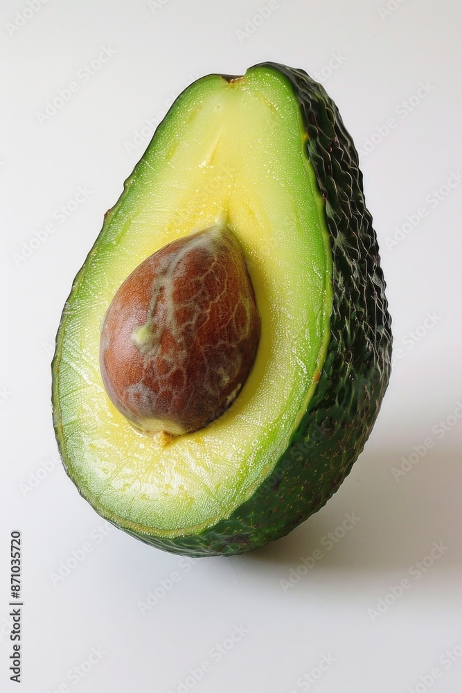 Poster Fresh avocado cut in half on a white surface