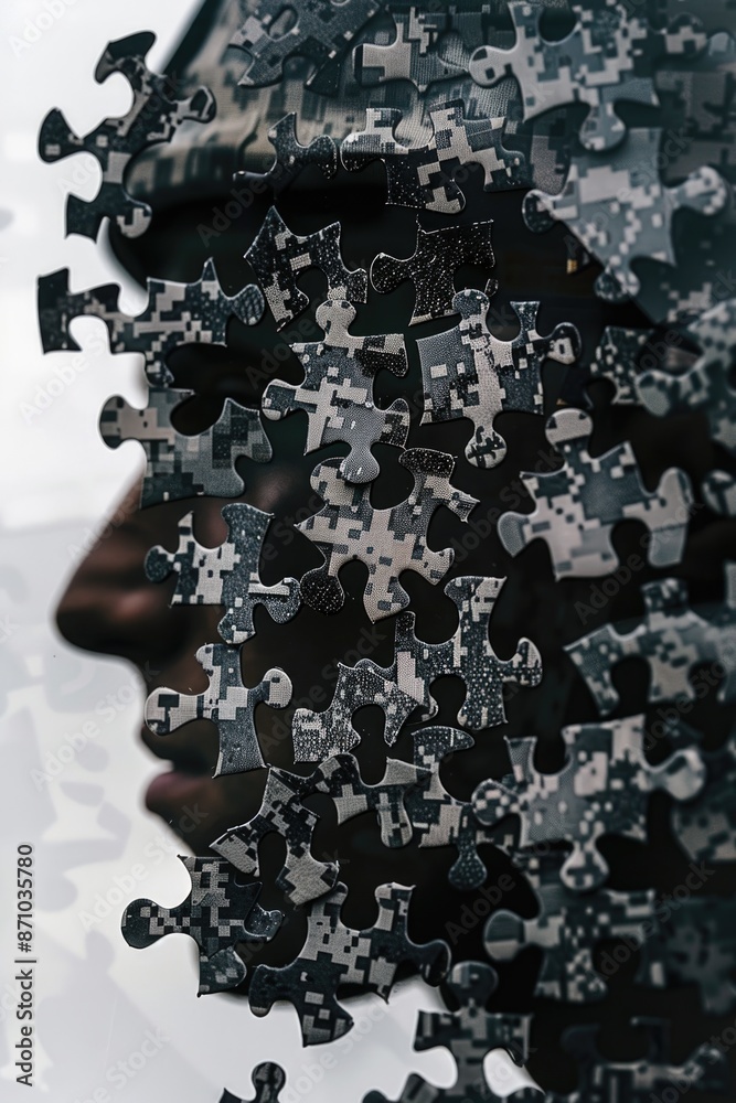 Poster A person with puzzle pieces floating above their head, representing creative thinking and problem-solving