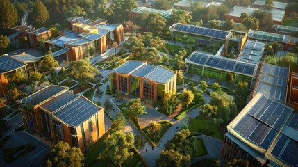 Obraz premium A sustainable campus with university buildings powered by solar panels and surrounded by green spaces.