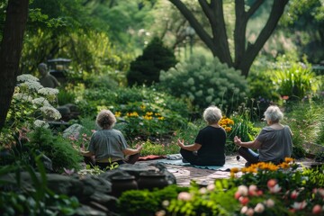 Three senior women meditate peacefully in a lush garden setting, surrounded by vibrant greenery and colorful blooms