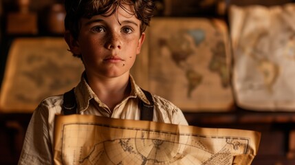 A young boy intently examines a weathered map, surrounded by old maps and artifacts