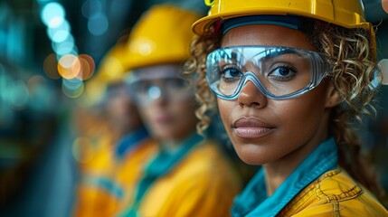 Graphic poster promoting industrial safety protocols, featuring a diverse workforce in protective gear adhering to safety regulations. , Minimalism,