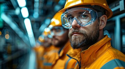 Graphic poster promoting industrial safety protocols, featuring a diverse workforce in protective gear adhering to safety regulations. , Minimalism,