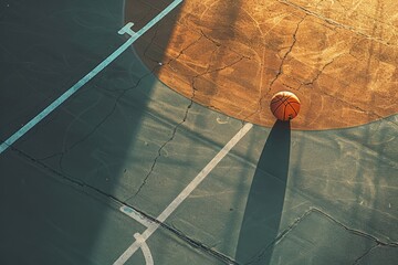 Obraz premium An aerial view of a basketball court at sunset, showcasing a single basketball resting on the court