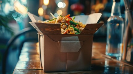 A box of food sitting on a wooden table, perfect for outdoor or rustic settings