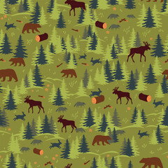 Forest Tree Landscape with Elk, Raccoon, Bears and Hares Seamless Pattern