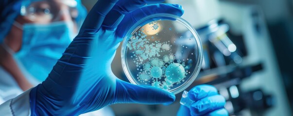 Scientist holding a petri dish in a laboratory, examining bacterial culture.