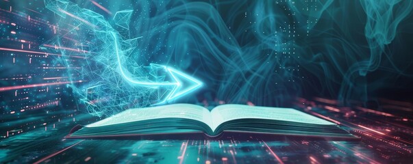 Holographic arrow pointer over open book, futuristic navigation, digital learning