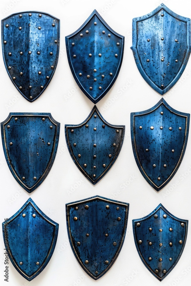 Poster set of six blue metal shields with rivets, ideal for use in construction, architecture or design pro