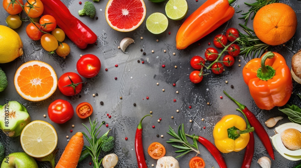 Poster A colorful arrangement of various fruits and vegetables in a circular pattern