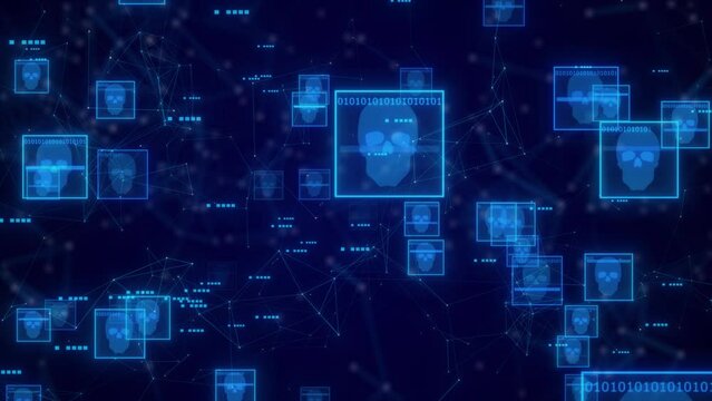 Computer Network Hacking The Hacker. Through Internet Hacker Attacked The Computer Network Connection. Dark Web Digital Network Hacker Skull With Binary Code Animated On Black Bg. Hacker Skull And Ple