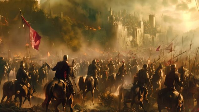 A depiction of a battle scene with multiple warriors riding horses, A clash of armies in a medieval fantasy war