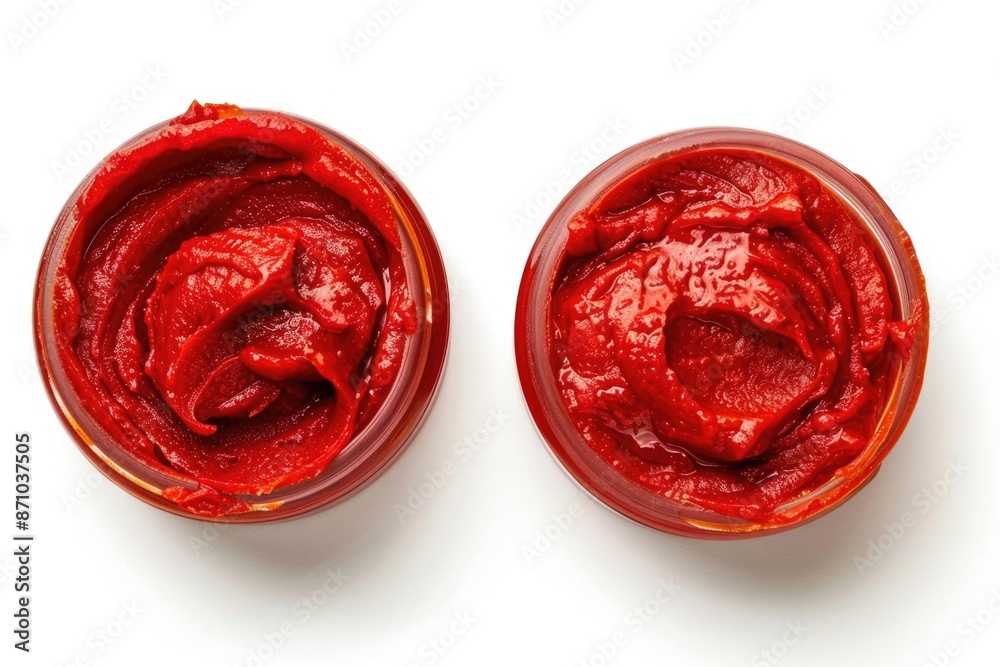 Poster two empty ketchup jars placed on a white surface
