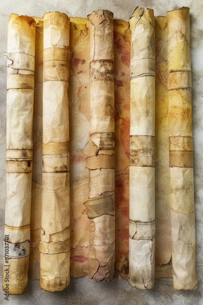 Poster a collection of rolled up papers sitting on a flat surface, suitable for office or study settings