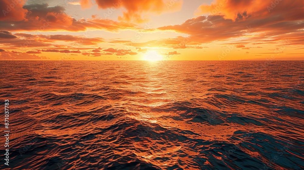 Poster a serene image of the ocean during sunset on a cloudy day