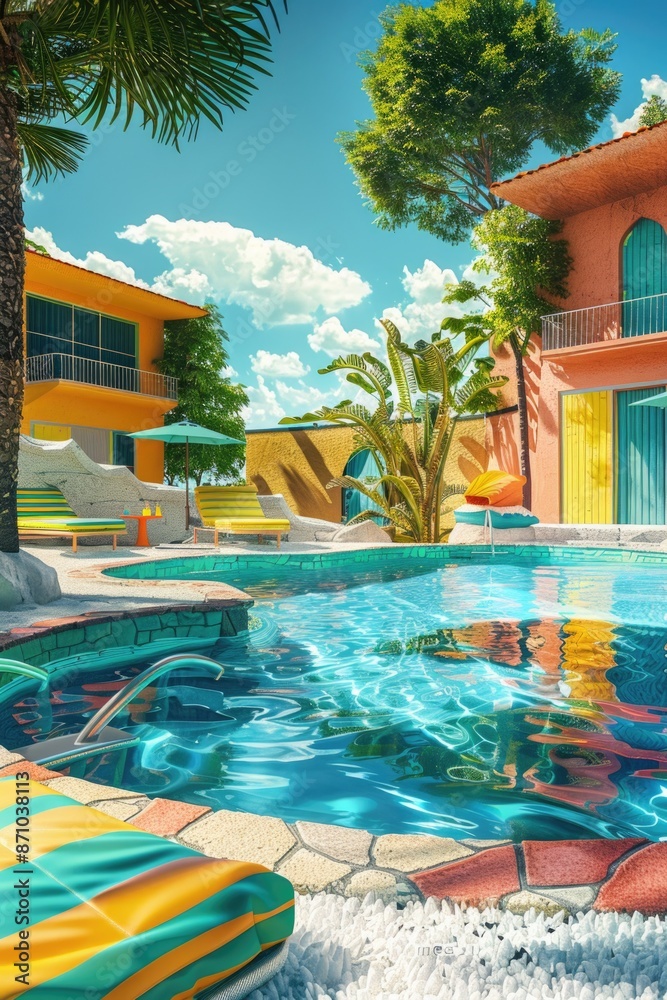 Poster a sunny day scene of a swimming pool with lounge chairs and a palm tree, ideal for relaxation and le