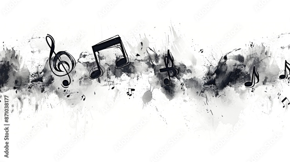 Poster a close-up shot of musical notes on paper in grayscale
