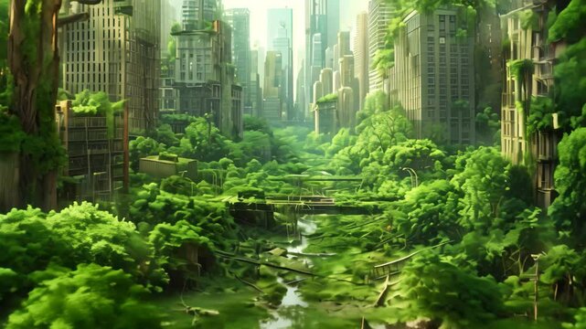 Urban City Encroaching on Jungle, A bustling metropolitan city transforming into a dormant ghost town, and then rejuvenating into a green, plant-filled paradise
