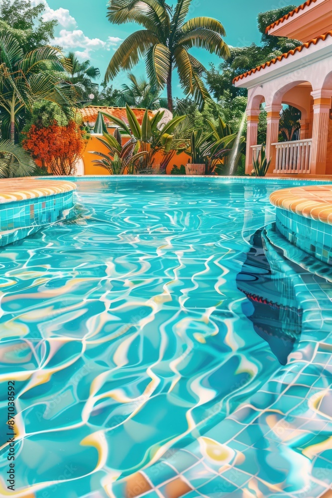 Poster a pool with a central fountain feature
