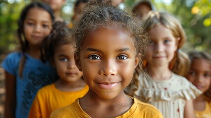 Children posing outdoors with a girl in focus. Group portrait.