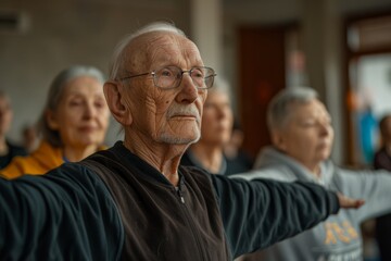 Elderly man in a yoga class with arms outstretched. Indoor setting.