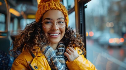 Obraz premium A cheerful woman is on a bus, wearing winter clothes and glasses. She looks happy and comfortable, enjoying her surroundings as she travels through the city.