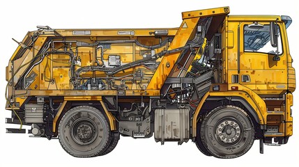 Fototapeta premium Cross-section of a garbage truck car, technical drawing
