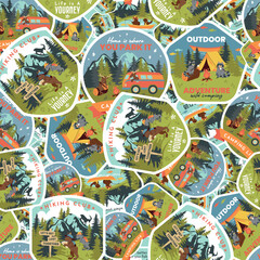 Stacked Camping Life Badges Seamless Pattern Design