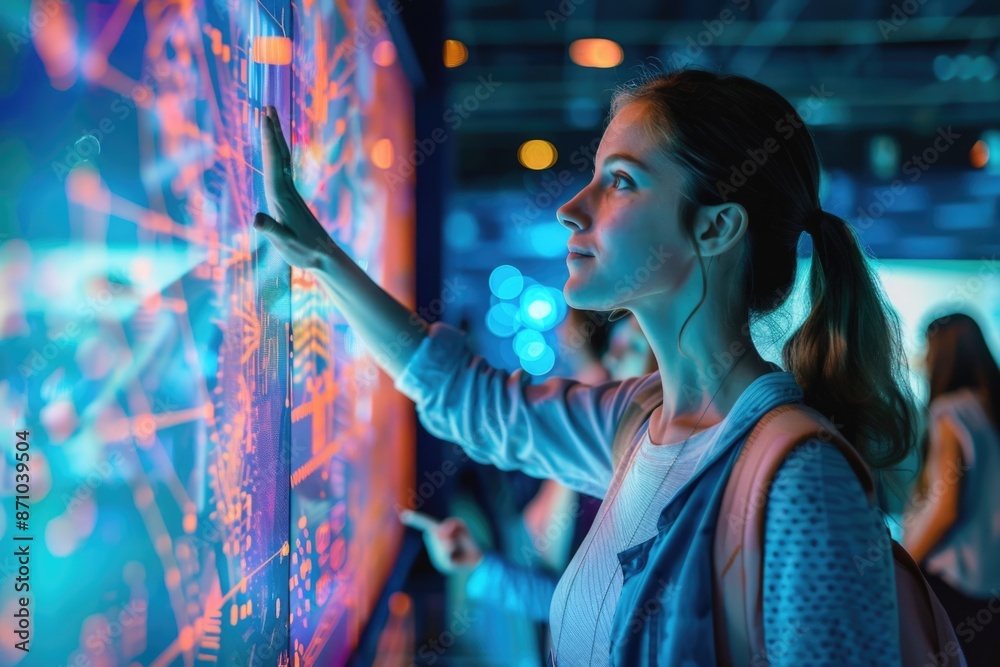 Poster a person examines data on a large screen