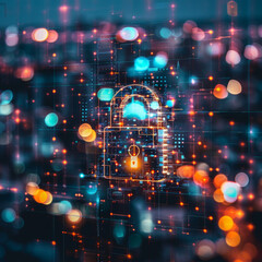 Creative glowing padlock hologram over a blurry city background with various icons. Concept of safety and security. Double exposure.