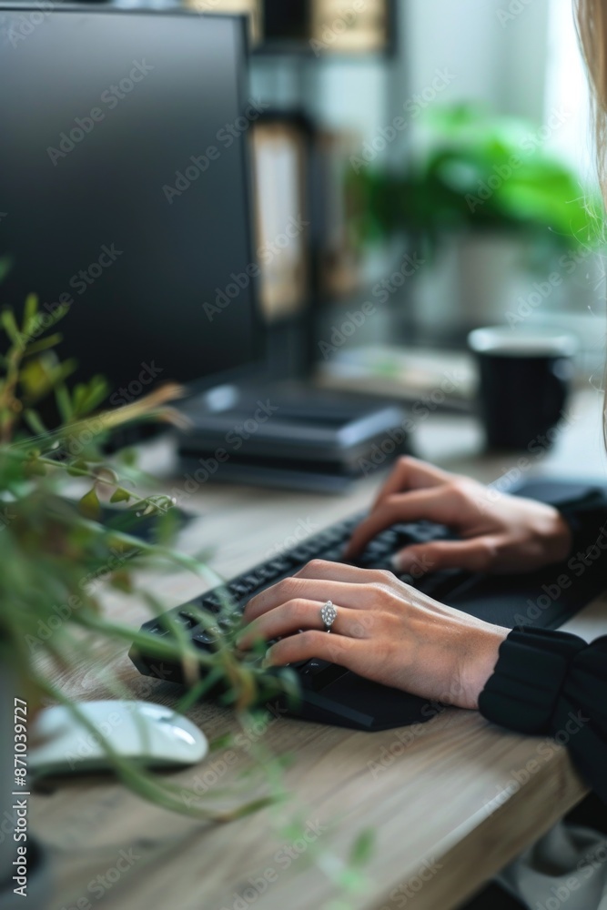 Aufkleber A person working at a desk with a computer and a keyboard, possibly doing office work or writing