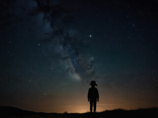 Fototapeta premium Silhouette of a lone figure walking under a starry night sky