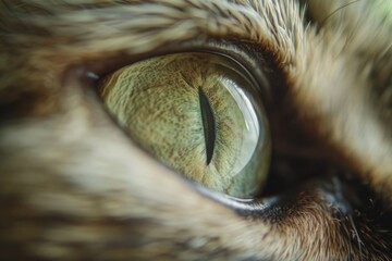 A detailed view of a cat's eye with pupil and iris visible